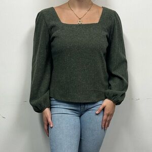 Olive ribbed square neck puff sleeve sweater